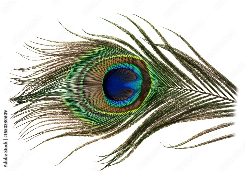 Fototapeta premium A close-up of a peacock feather showing its intricate, colorful and iridescent details