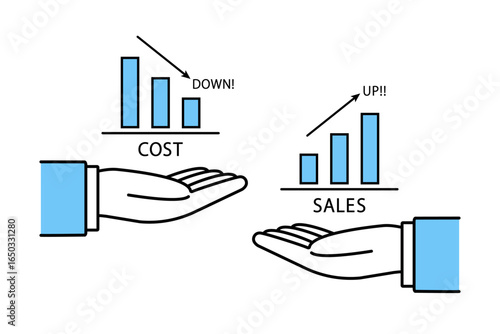コストダウンとセールスアップの棒グラフを掲げるビジネスマンの手のイラスト