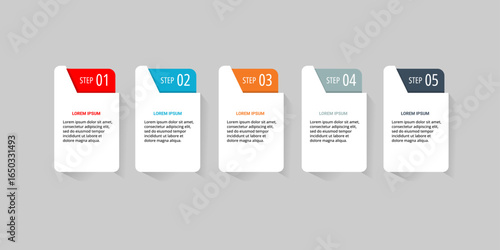 Five-step process infographic with colored tabs and placeholder text, ideal for presentations or reports.