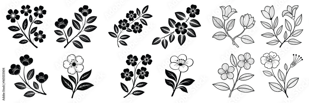 Obraz premium Black and White Flower Illustrations Floral Designs for Botanical Projects and Crafts