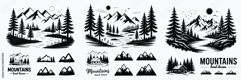 Obraz premium Black and White Hand Drawn Mountain and Forest Illustrations with Cabins and River Scenery