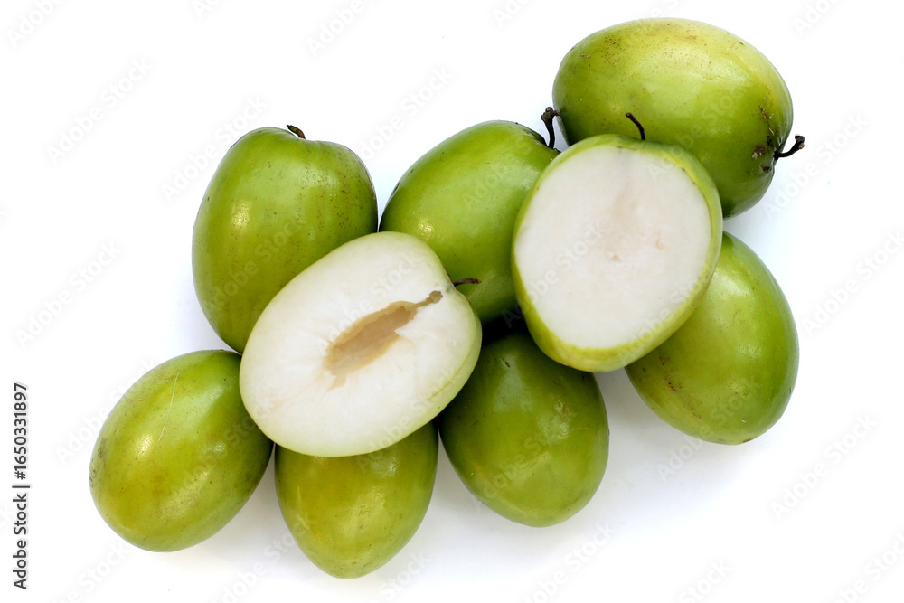 Obraz premium Green jujube fruits on white background.