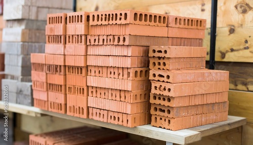 Stacks of terracotta bricks on shelves