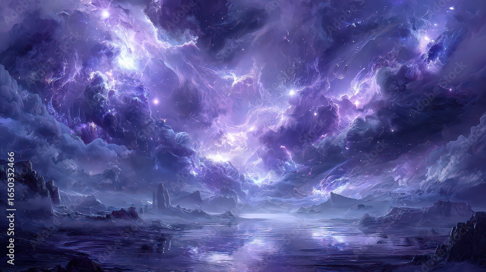 Fototapeta premium Iridescent Cosmic Landscape With Glowing Light Beams