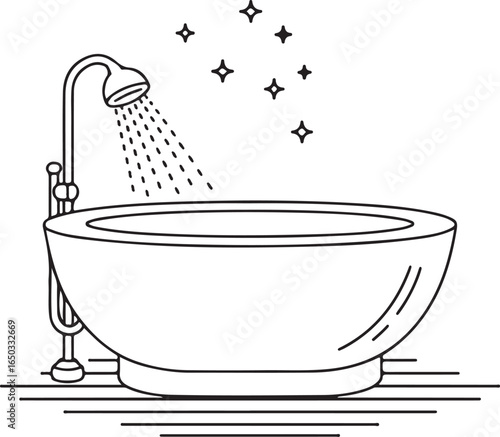 Clean outline drawing of a bathtub with a shower head and water spraying