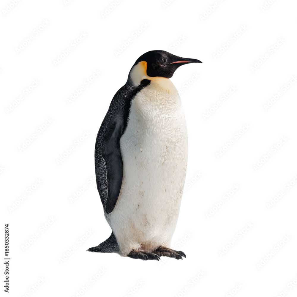 Obraz premium Png of An elegant Emperor penguin standing tall, showcasing its distinctive black and white feathers and vibrant orange markings.
