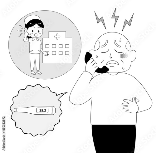 体調不良で病院に電話するシニア男性　モノクロ