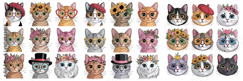 Cartoon Cat Collection TwentyFour Cute Kittens Wearing Glasses, Hats, and Flower Crowns on White