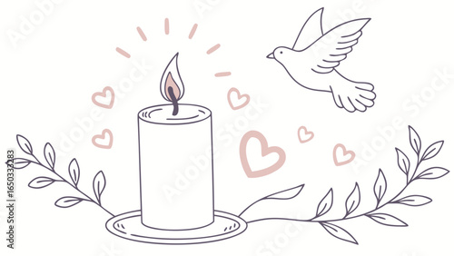 Serene remembrance illustration:  Lit candle, gentle dove, delicate foliage, and soft pink hearts create a peaceful, loving memorial image perfect for sympathy cards or bereavement websites.