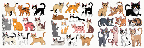 Cartoon Cats Collection of Various Feline Breeds, Poses, and Colors on an Isolated Background