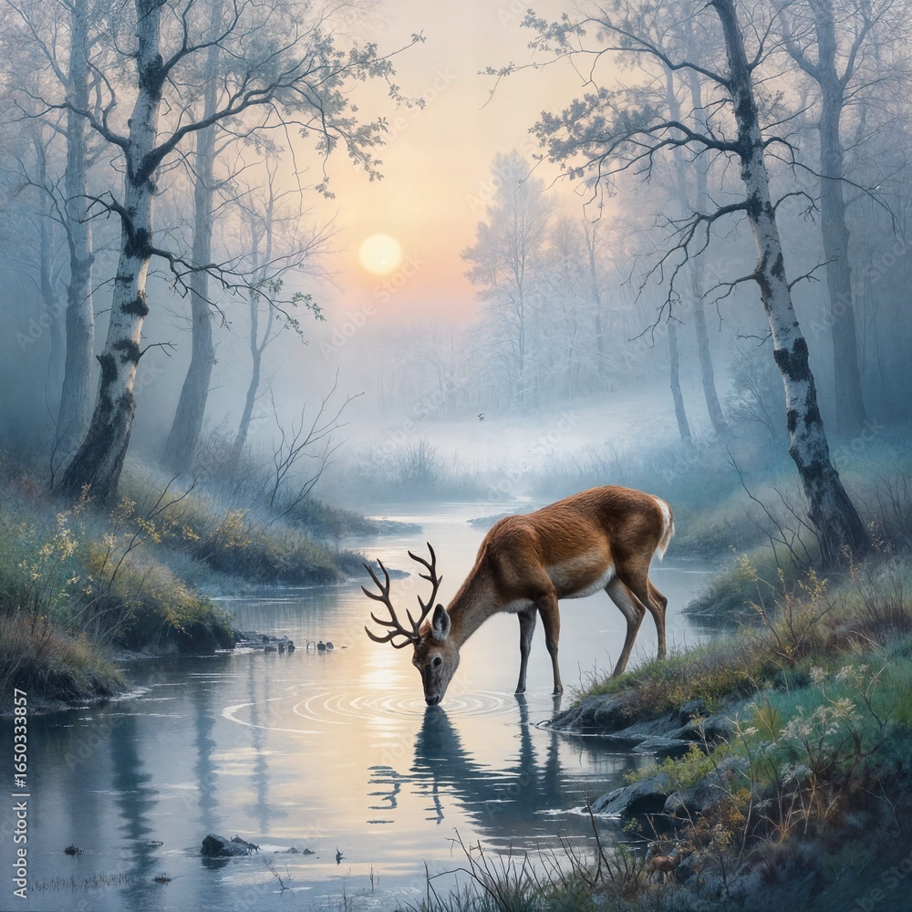 Minimalist impressionist painting of a misty forest at dawn with a lone deer Minimalist impressionist painting of a misty forest at dawn with a lone deer