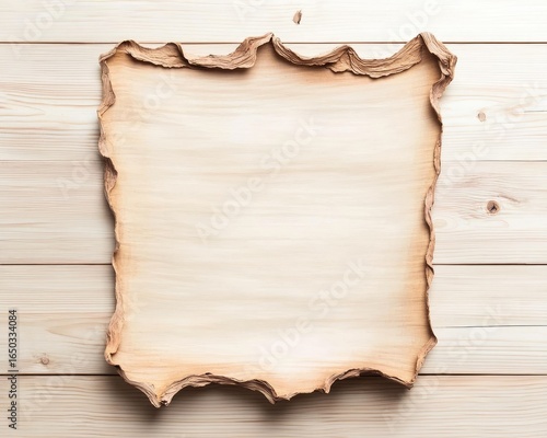 Aged Paper Texture. A square of beige paper with scorched edges sits atop a light-colored wooden plank surface. Light plays across the wood grain, highlighting natural imperfections