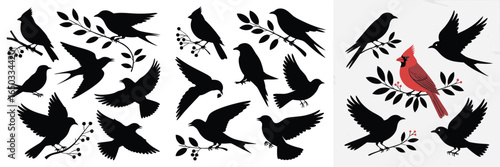Collection of Bird Silhouettes, Various Poses Including Flying and Perched, One Red Cardinal