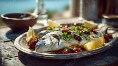 Grilled Fish with Lemon and Sun-Dried Tomatoes on Rustic Plate