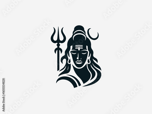 A bold black silhouette of Lord Shiva with a flowing mane and a powerful trident on a clean white background