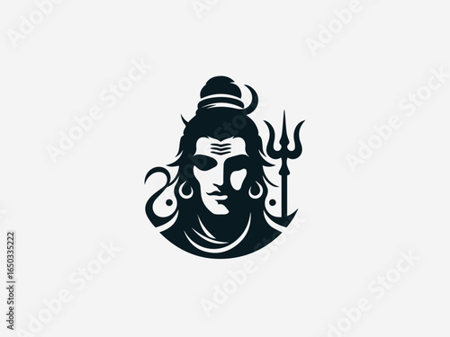A bold black silhouette of Lord Shiva with a flowing mane and a powerful trident on a clean white background