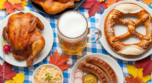 Festive autumn feast with roast chicken, beer, sausages, and traditional pretzel creating a