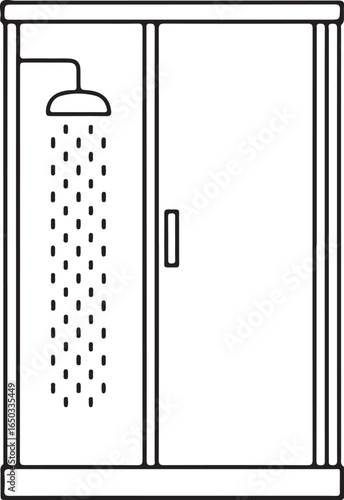 Simple line drawing of a modern shower enclosure with water falling
