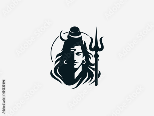 A bold black silhouette of Lord Shiva with a flowing mane and a powerful trident on a clean white background