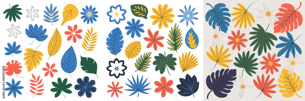 Obraz premium Colorful Flowers and Leaves Set Botanical Elements in Blue, Yellow, and Red Hues