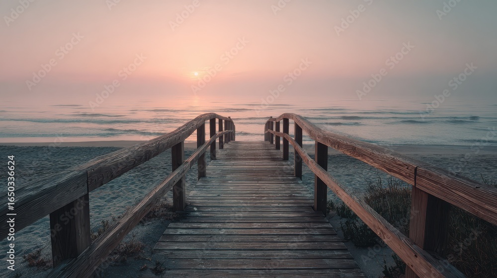 Obraz premium boardwalk on beach at sunrise no logos no brands ar 169