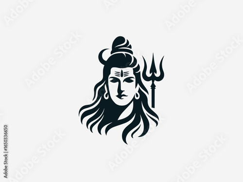 A bold black silhouette of Lord Shiva with a flowing mane and a powerful trident on a clean white background
