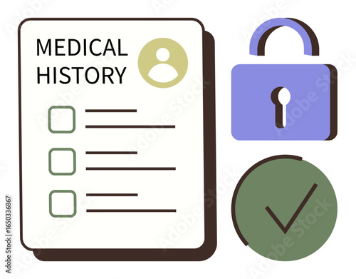 Medical history document with profile icon, checklist, purple lock, and a green checkmark. Ideal for healthcare, privacy, data security, compliance, patient safety medical records simple landing