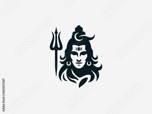 A bold black silhouette of Lord Shiva with a flowing mane and a powerful trident on a clean white background