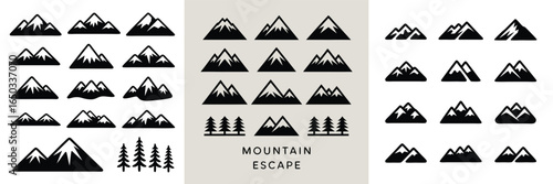 Mountain Peak Icon Collection Black Silhouette Graphics Featuring SnowCapped Mountains and Evergreen Trees