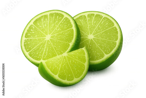 Lime slices displaying bright green rind, revealing pulpy interior on crisp transparent surface