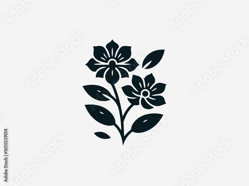 A beautiful black floral motif with two stylized flowers, leaves, and intricate swirling details on a white background