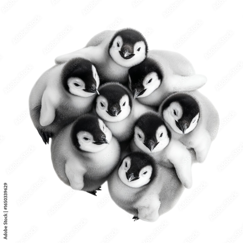 Fototapeta premium Png of Group of adorable baby penguins huddled together in a cozy cluster, showcasing their fluffy feathers and playful nature.