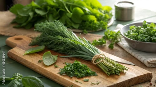 Fresh dill and parsley on wooden cutting board, rustic kitchen setting, organic cooking ingredients