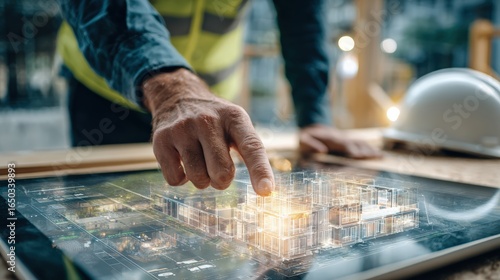 Construction site supervisor giving directions while pointing at building schedule and structural model on digital table, housing project under development