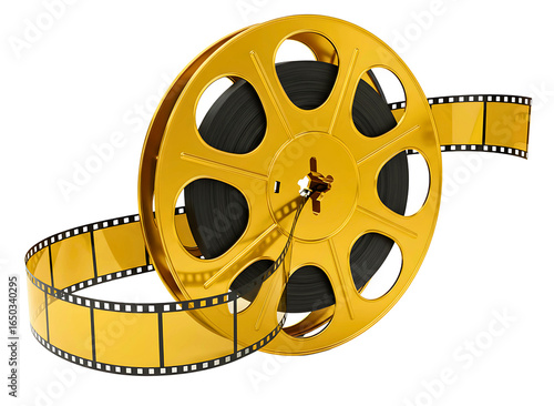 Vintage golden film reel with movie strip isolated on transparent background