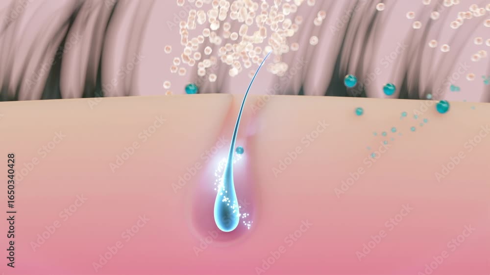 3D animation of oily scalp and clogged follicles. Blue foam removes sebum, cleansing scalp and promoting strong, healthy hair regrowth. Ideal for shampoo ads