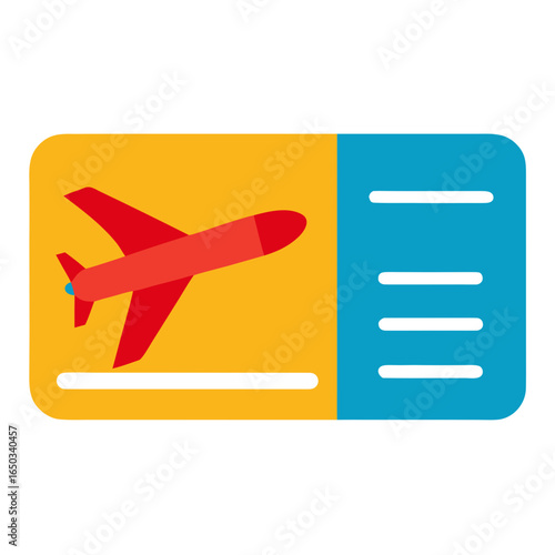 Red airplane taking off on a yellow and blue boarding pass illustration