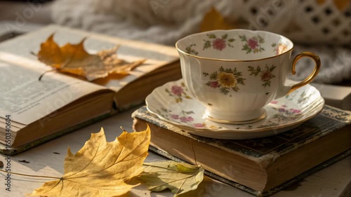 Vintage floral teacup on old books with autumn leaves, cozy nostalgic still life
