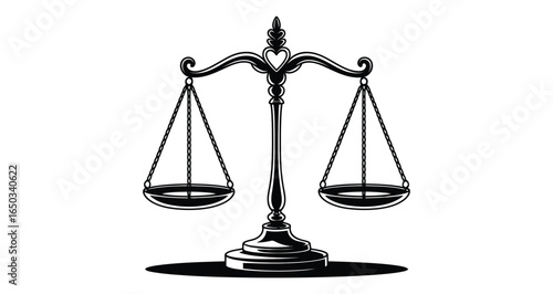 justice scale icon in black and white vintage style isolated on white background, symbol of law, fairness, legal balance, and court judgment