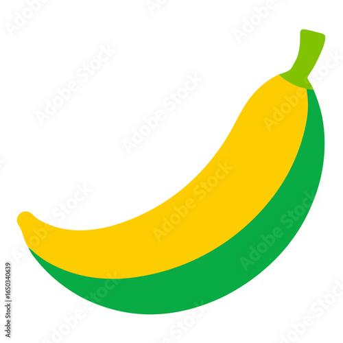 A stylized graphic illustration of a banana with a yellow peel and green accents on a black background