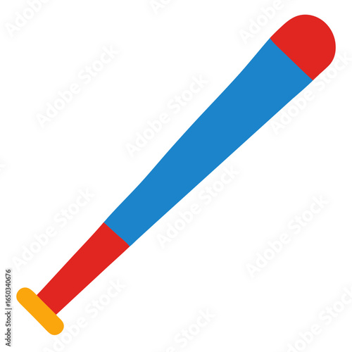 A simple stylized illustration of a baseball bat with a blue barrel and red handle with an orange knob against a black background