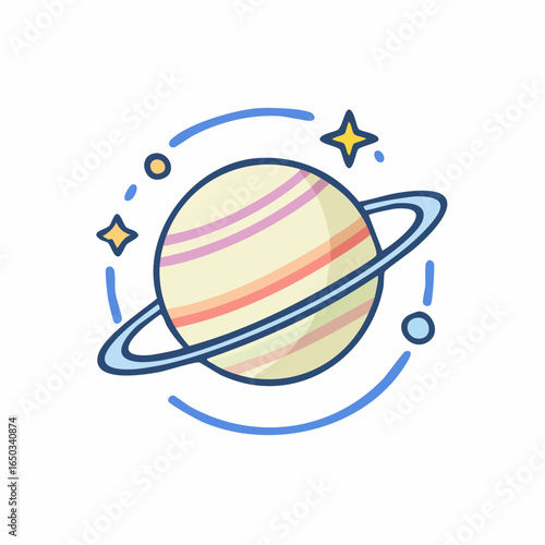 Flat vector icon of a distant exoplanet with rings and background star, representing deep space exploration and cosmic discovery, isolated on white