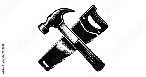 crossed hammer and hand saw icon in black and white vintage style isolated on white background, construction tools symbol for repair and carpentry