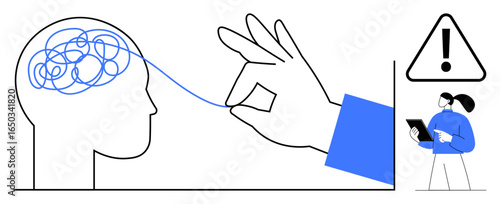 Hand unraveling tangled lines in a brain symbolizing mental clarity, overseen by a person with a clipboard. Ideal for mental health, problem-solving, guidance, clarity, therapy, analysis, simple