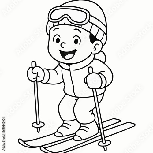 Coloring page for kids - Cartoon boy skiing happily on a snowy slope in winter  