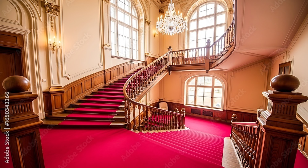 Obraz premium Opulent staircase with red carpet and architectural detailing evoking luxury