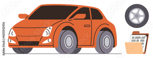 Orange car with sleek design, a detached wheel, and a clipboard featuring binary code. Ideal for automotive service, technology, innovation, vehicle maintenance, diagnostics, repair digital