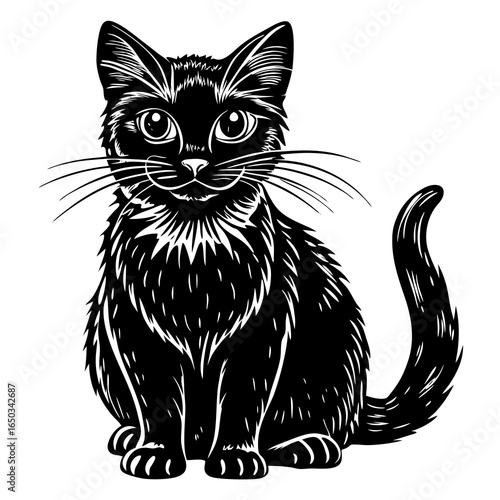Charming black cat illustration with expressive eyes, sitting attentively ready to play, perfect for pet lovers and design projects