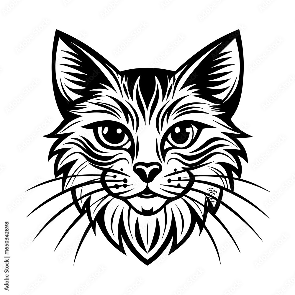 Fototapeta premium Detailed black and white cat face illustration, perfect for logos, branding, and unique design projects, offering a bold and modern aesthetic