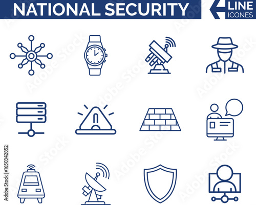 Modern National Security Icon Set. National Defense, Government Security Icon Collection. Cybersecurity, Protection, Military, Intelligence, Homeland Safety, Border, Surveillance, Anti-Terrorism Icons